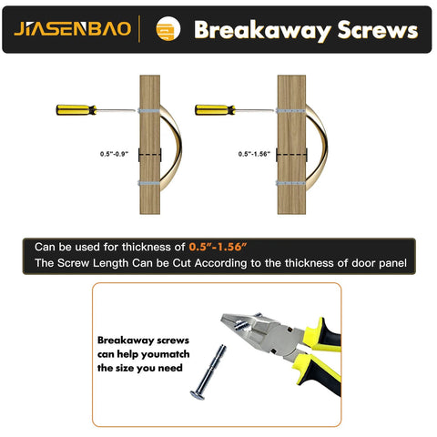Diagram showing breakaway screws with cutting tool and adjustable thickness measurements for door panels