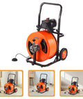 Electric Sewer Auger Auto Feed Knocks Out Clogs In Minutes with foot pedal, wheels, and cable for easy maneuvering.