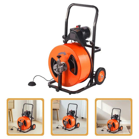 Electric Sewer Auger Auto Feed Knocks Out Clogs In Minutes with foot pedal, wheels, and cable for easy maneuvering.