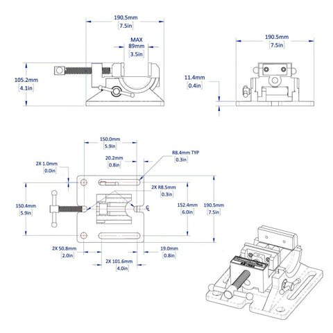 Technical drawing of Cradle Angle Drill Press Vise With 3.5 Inch Jaw Opening 2500 Lb Clamping 0 To 90 Degree Tilt, dimensions shown.