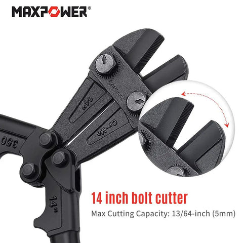 14-Inch Heavy Duty Bolt Cutter With Hardened Chrome Molybdenum Steel Blades And Ergonomic Rubber Handles, adjustable blades displayed
