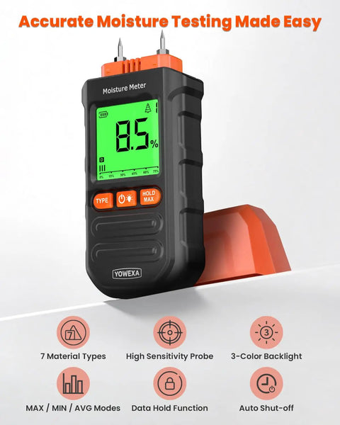 Pin Type Wood Moisture Meter For Firewood And Lumber With Drywall And Building Materials Readings, Direct Contact Pins, 0.0 To 58.0 Percent Range, Two Percent Accuracy, Seven Material Modes For Fast DIY And Pro Timber Checks, black handheld meter