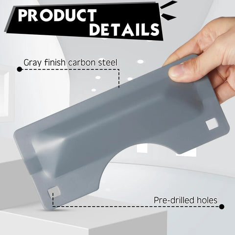Heavy Duty Door Latch Guard Plates Two Pack Security Strike Plates Solid Carbon Steel Build Gray shown in hand, features pre-drilled holes.