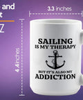 Is My Therapy Sailor Coffee Mug 15oz White For Boaters And Sailors, Funny Lake Gift with anchor design, 15oz dimensions shown
