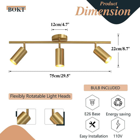 Brushed Brass LED Adjustable Track Lighting Kit With Pivoting Heads, 3 Light Ceiling Spotlight Track System For Kitchen And Living Spaces, Mid Century Modern Flush Mount Fixture For A Lit Ambience