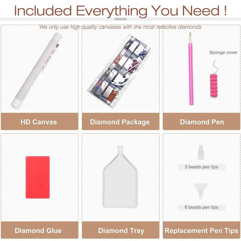 Components of Angel Girl Diamond Art Kit For Adults 5D Diamond Painting Round Full Drill Gem Art Craft Set with extra tools.