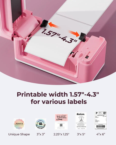 Bluetooth Thermal Label Printer 941BP Wireless 300DPI 4x6 Shipping Labels For Small Biz Works With Windows Mac iPhone Android PC Amazon Shopify Etsy USPS Pink, showing adjustable label width feature.