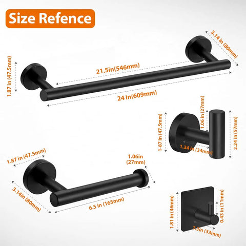 Matte Black Stainless Steel Bathroom Hardware Set with 24 Inch Hand Towel Bar Toilet Paper Holder Three Robe Towel Hooks size guide