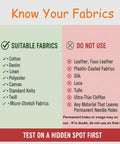 Know Your Fabrics guide comparing suitable and unsuitable materials for use with Handheld No Sew Clothing Repair Tool With Seven Color Fasteners.