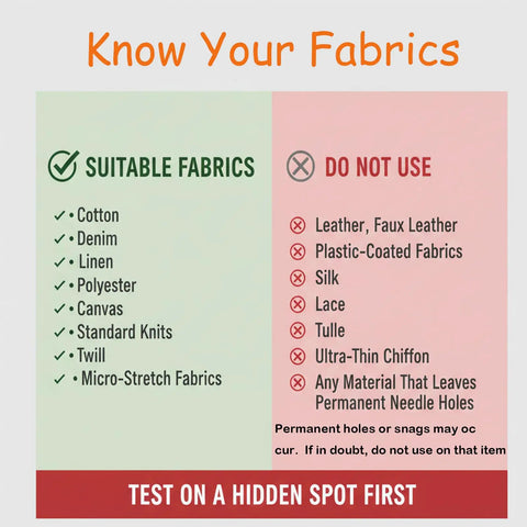 Know Your Fabrics guide comparing suitable and unsuitable materials for use with Handheld No Sew Clothing Repair Tool With Seven Color Fasteners.