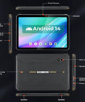 Built Solid Android 14 Rugged Tablet With 8.68 Inch Display Featuring GPS For UTV Off Road Adventures Hella Durable IP68 Build showing ports and controls.