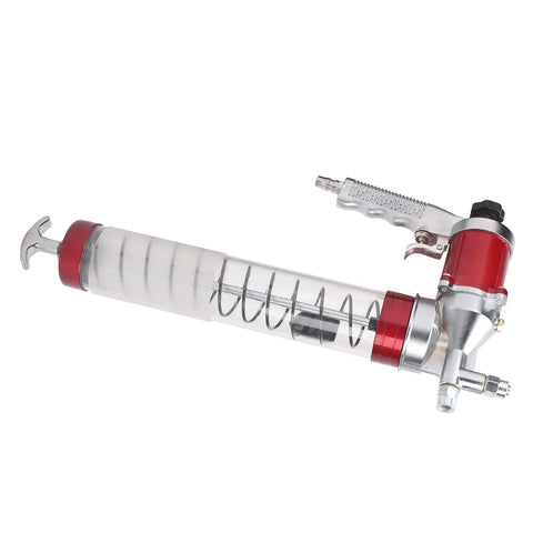 Heavy Duty Pneumatic Grease Gun With 10000 12000 PSI High Pressure Grip Style Lubrication Tool, transparent cylinder, red accents