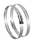 Two 4-inch stainless steel hose clamps with worm-gear screw; adjustable duct/pipe clamps, 304 stainless.