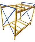Heavy Workhorse Horizontal Steel Drum Rack Holds Thirty To Fifty Five Gallon Barrels With Cross Braced Frame Fork Lift Pockets And Grippy Pads For Your Rock Solid Garage, showing blue and yellow steel construction.