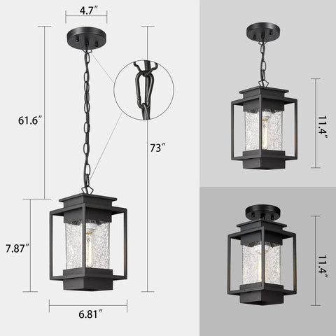 Outdoor Indoor Pendant Light For Front Porch And Entryway, 11.4 Inch Dope Modern Exterior Ceiling Chandelier, Weatherproof Aluminum With Crack Glass Shade, Ideal For Foyer, Patio Or Garage