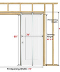 Front view of 36 By 80 Inch Sliding Pocket Door With Track Hardware And Frame Kit White Paintable Door Slab Satin Nickel Privacy Latch.