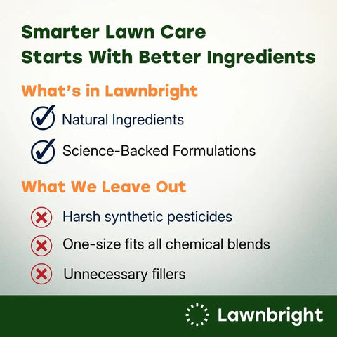 Smarter Lawn Care graphic listing Lawnbright's natural, science-backed ingredients and what is excluded like harsh pesticides.