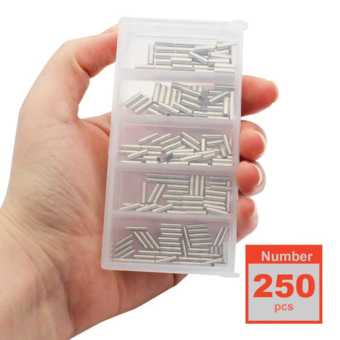 Copper Barrel Crimp Sleeves Kit 250 Pieces 5 Sizes for fishing leader wire in hand with labeled case