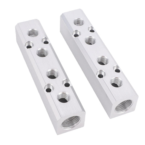 4 Way 6 Port Aluminum Air Manifold for Pneumatic Systems, 1/4 Inch NPT Output, 1/2 Inch NPT Supply Port, two aluminum manifolds displayed