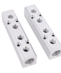 Two Four Way Six Port Aluminum Air Manifold Air Distribution Block One Quarter Inch NPT Output And One Half Inch NPT Supply Port