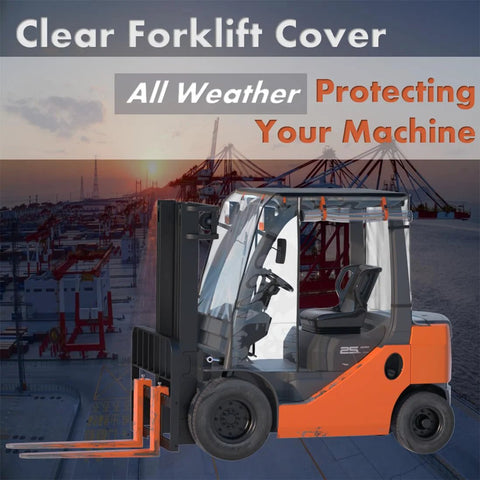 CHENGNAN forklift rain cover (up to 6000 lb) with clear EVA canopy; orange forklift shown
