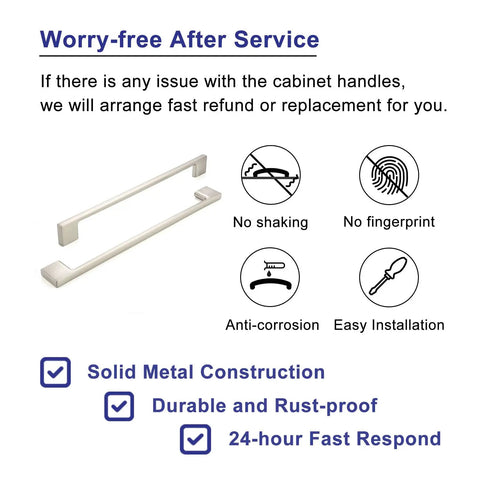 Image showing two Five Pack 7.5 Inch Hole Center Brushed Nickel Cabinet Pulls with icons for anti-corrosion and no fingerprint.