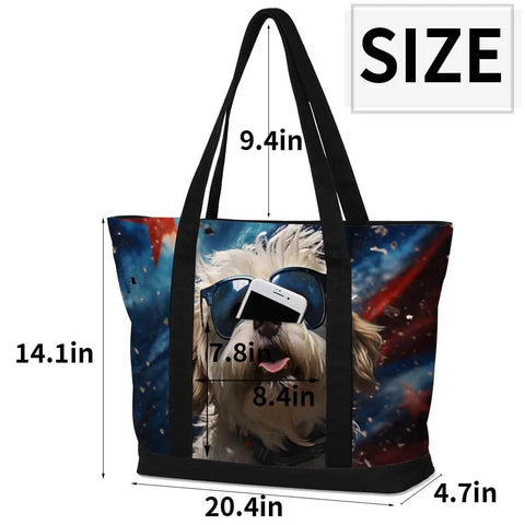 Cool Dog Sunglasses Inspired Canvas Laptop Tote For Women, Lightweight Office Briefcase Style Bag, showcasing front view with size