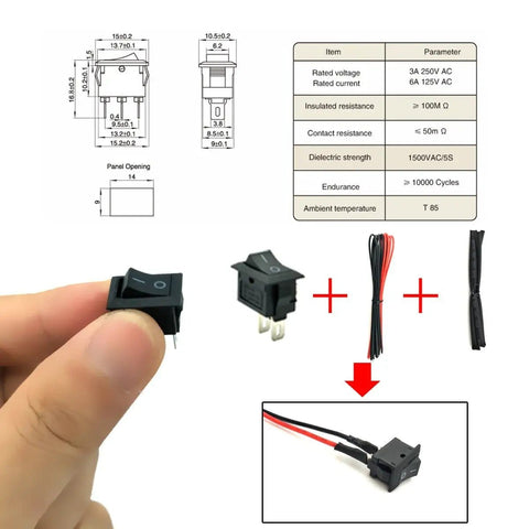Electrical rocker switch kit with wiring and specifications diagram, showing black switch, red and black wires, and technical details.