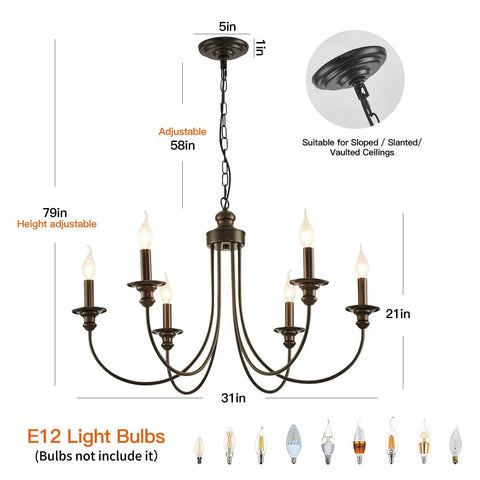 Six Light Black Farmhouse Chandelier With Classic Candle Style Modern Ceiling Fixture Adjustable Height illustration