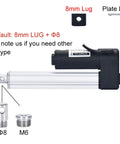 Plug And Play 24V Electric Linear Actuator With Slick Variable Stroke And Hassle Free Operation Built For Heavy Duty Door Openers and Workshop Gear Overhauls, showing details of 8mm lug and Φ8 fix type.