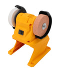 Cordless Mini Bench Grinder with Dual 70mm Wheels Spinning at 5500 RPM Delivers Lightning Fast Sharpening for Any Project in the Garage or Workshop Featuring a Featherlight Build that Lets You Carry It wherever You Need It for Maximum Flexibility on the, showcasing dual wheels, compact design, and power switch.