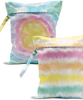 Two Pack Wet Dry Bags With Handles For Swimwear Travel Beach Pool Diapers Gym Clothes Toiletries And Makeup Spacious 10.2 By 12.6 Inches Lightweight Durable Eucalyptus Palm Leaves Print Ready For On The Go displaying with vibrant tie-dye design.