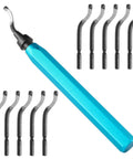 Front view of Aleric deburring tool with blue handle and 11 high-speed steel swivel blades
