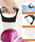 Crinkle cutter knife with black rubber handle, stainless steel tines, and onion holder for vegetable slicing