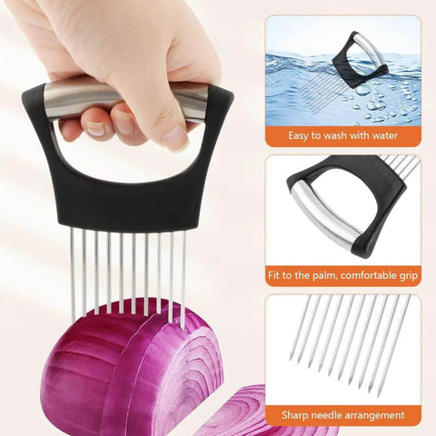 Crinkle cutter knife with black rubber handle, stainless steel tines, and onion holder for vegetable slicing
