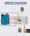 Wiring diagram for L293D Four Channel Motor Driver Module DIP16 for Arduino DIY projects showing connections to motors and battery.
