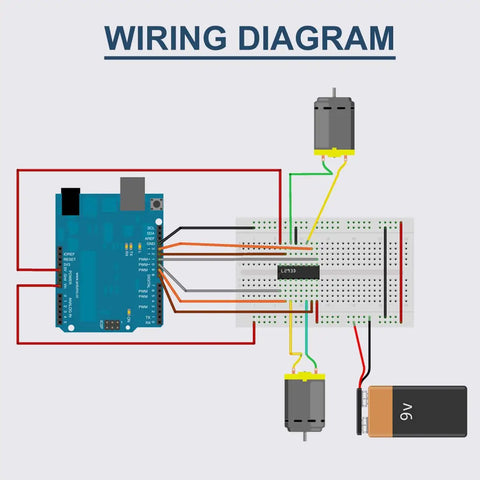 Wiring diagram for L293D Four Channel Motor Driver Module DIP16 for Arduino DIY projects showing connections to motors and battery.