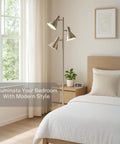 Brushed Nickel Floor Lamp With Three Adjustable Reading Heads, Modern Pole Light Stands 64 Inches Tall in a bedroom setting