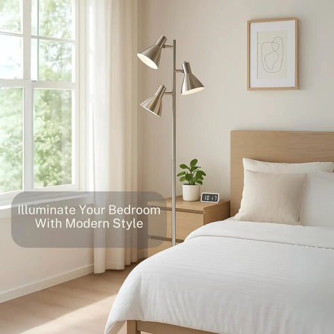 Brushed Nickel Floor Lamp With Three Adjustable Reading Heads, Modern Pole Light Stands 64 Inches Tall in a bedroom setting