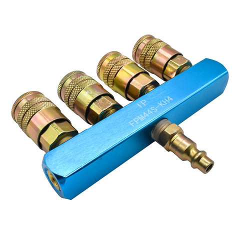 Aluminum Rectangular Manifold Kit With Four Quarter Inch Steel Industrial Couplers And One Quarter Inch Steel Plug ready to install