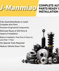 Assortment of auto parts including shock absorbers, brake discs, and fittings, labeled as FJ-Manmiao complete auto parts.