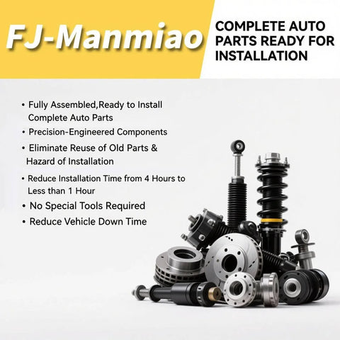 Assortment of auto parts including shock absorbers, brake discs, and fittings, labeled as FJ-Manmiao complete auto parts.