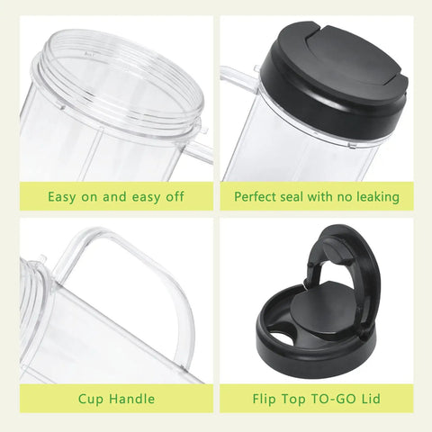 Two Pack Tall 22 Ounce Blender Cups With Flip Top To Go Lid For Smoothies And Shakes, Dishwasher Safe Mug With Handle