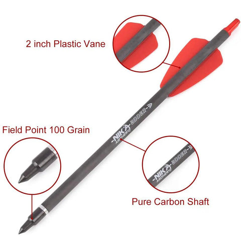 7.5 Inch Carbon Crossbow Bolts With 2 Inch Red Vanes And 100 Grain Broadhead Tips, 12 Pack, close-up of arrow vane and tip.
