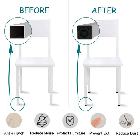 Chair with before and after view showing square tube insertion of Adjustable Leveling Feet Kit For 2 By 2 Inch Square Tubes And Desk Legs