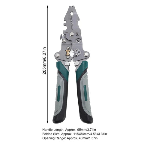 Solid Real Deal 16 In 1 Foldable Wire Stripper And Multifunctional Pliers with grey and black rubber grip handles and stainless steel jaws.