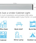 Two Pack 14.5 Inch USB Plug In LED Under Cabinet Lights Dimmable With Three Color Temperature 2700K 4500K 6000K Silver Finish, multi-use diagram