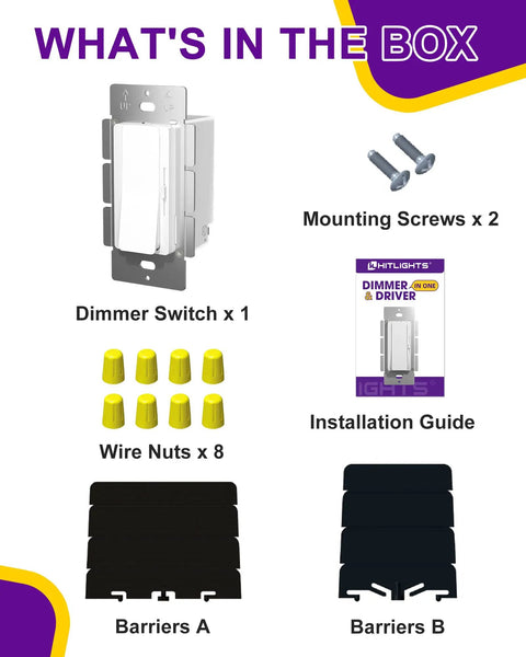 What's in the box for LED Driver And Dimmer Switch In One 60W 12V DC, includes dimmer switch, wire nuts, and mounting screws.