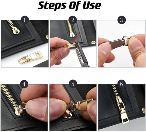 Steps to install 3 Pack Silver Zipper Pull Replacements Set For Luggage, Backpack, Jacket And Coat Repairs with tools shown.