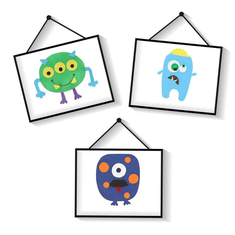 Three framed colorful monster illustrations for kids' rooms, featuring unique designs and vibrant colors, hanging on a white wall.